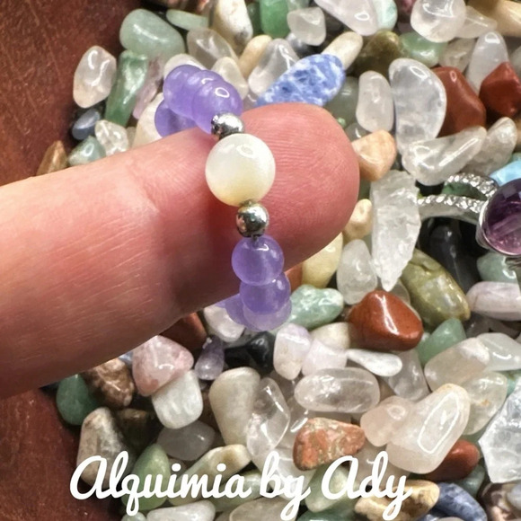 Purple jade beaded bohemian ring band white agate - Picture 2 of 3